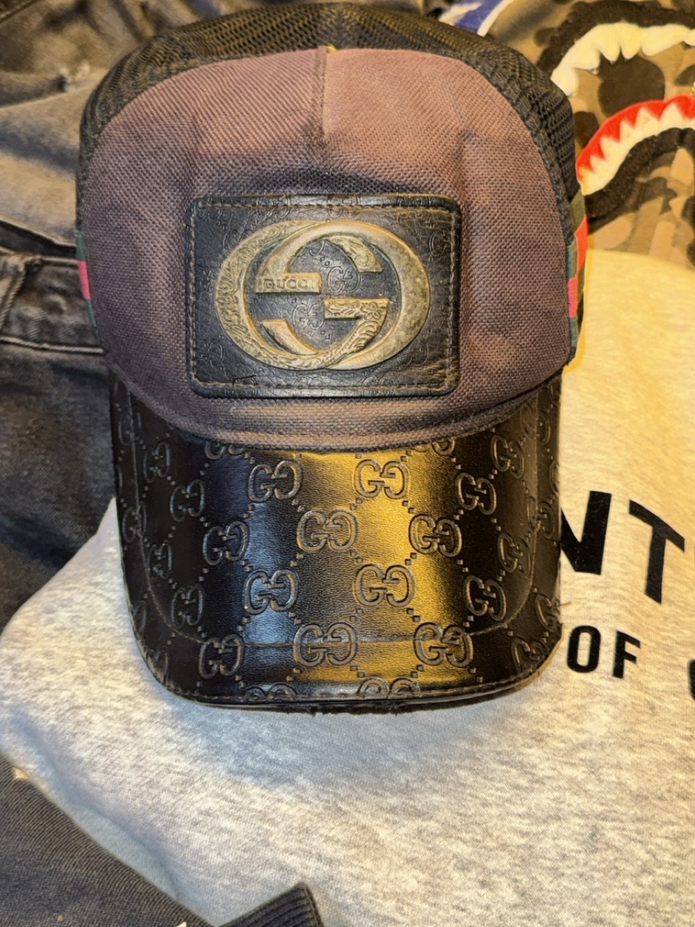 Gucci Black Leather-Trim Logo Baseball Cap with Brown Fabric Crown